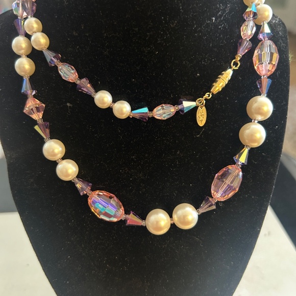 Vintage Signed Vendome Cocktail Crystal/Faceted Glass/Faux Pearl Necklace-Long - Picture 3 of 15